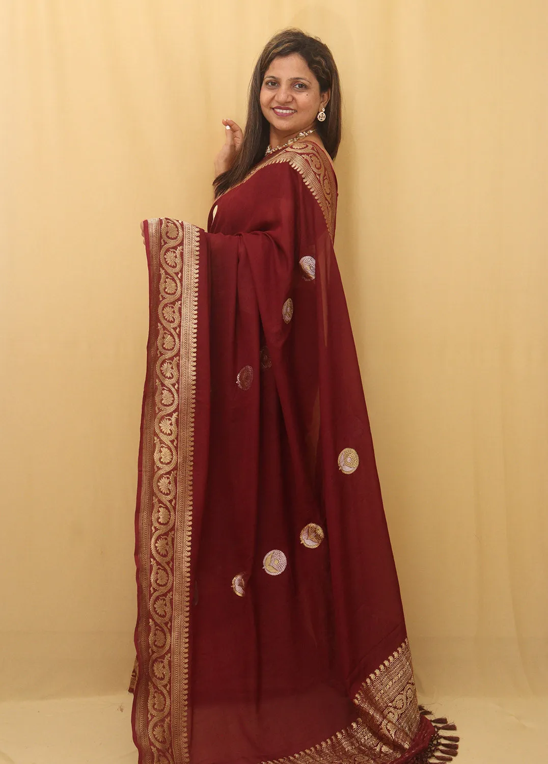 Stunning Maroon Handloom Banarasi Georgette Saree with Sona Roopa