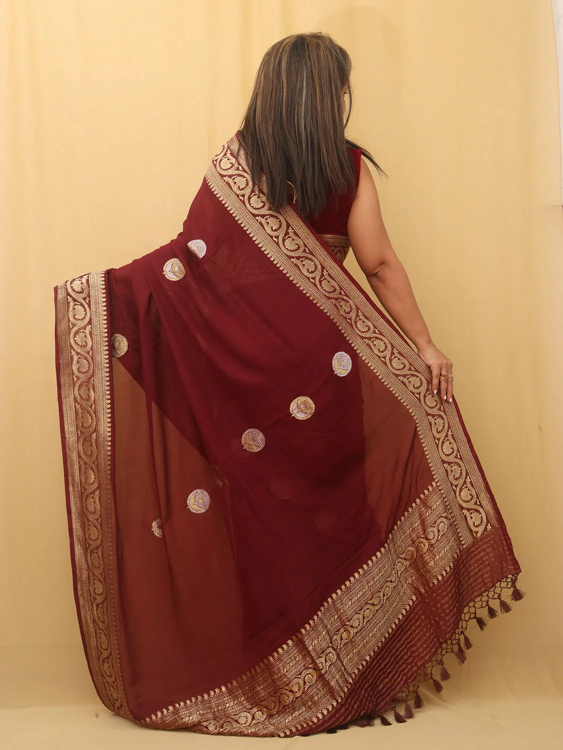 Stunning Maroon Handloom Banarasi Georgette Saree with Sona Roopa