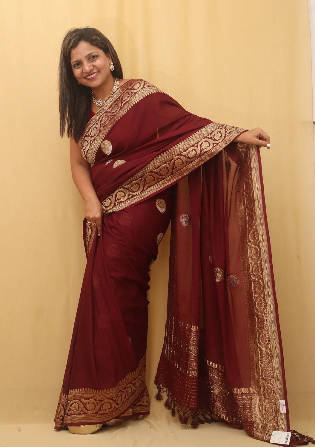Stunning Maroon Handloom Banarasi Georgette Saree with Sona Roopa