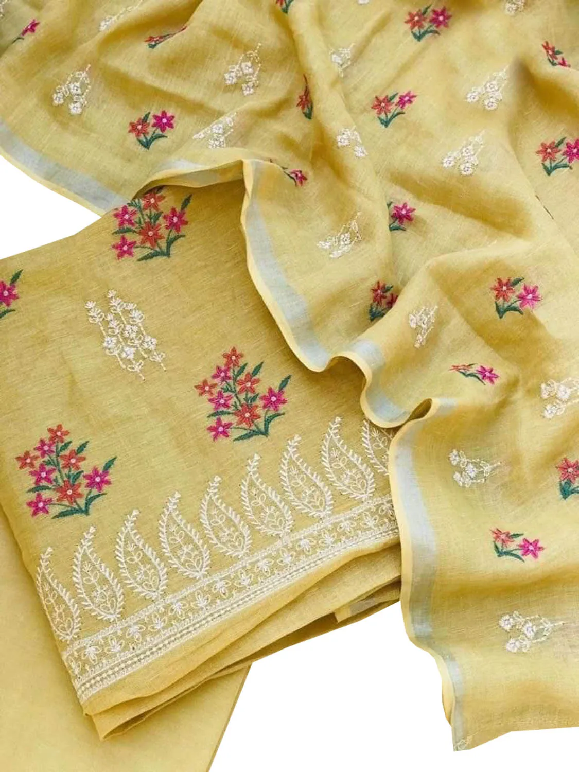 Stunning Yellow Linen Bhagalpur Embroidered Suit - 3 Piece Unstitched Set
