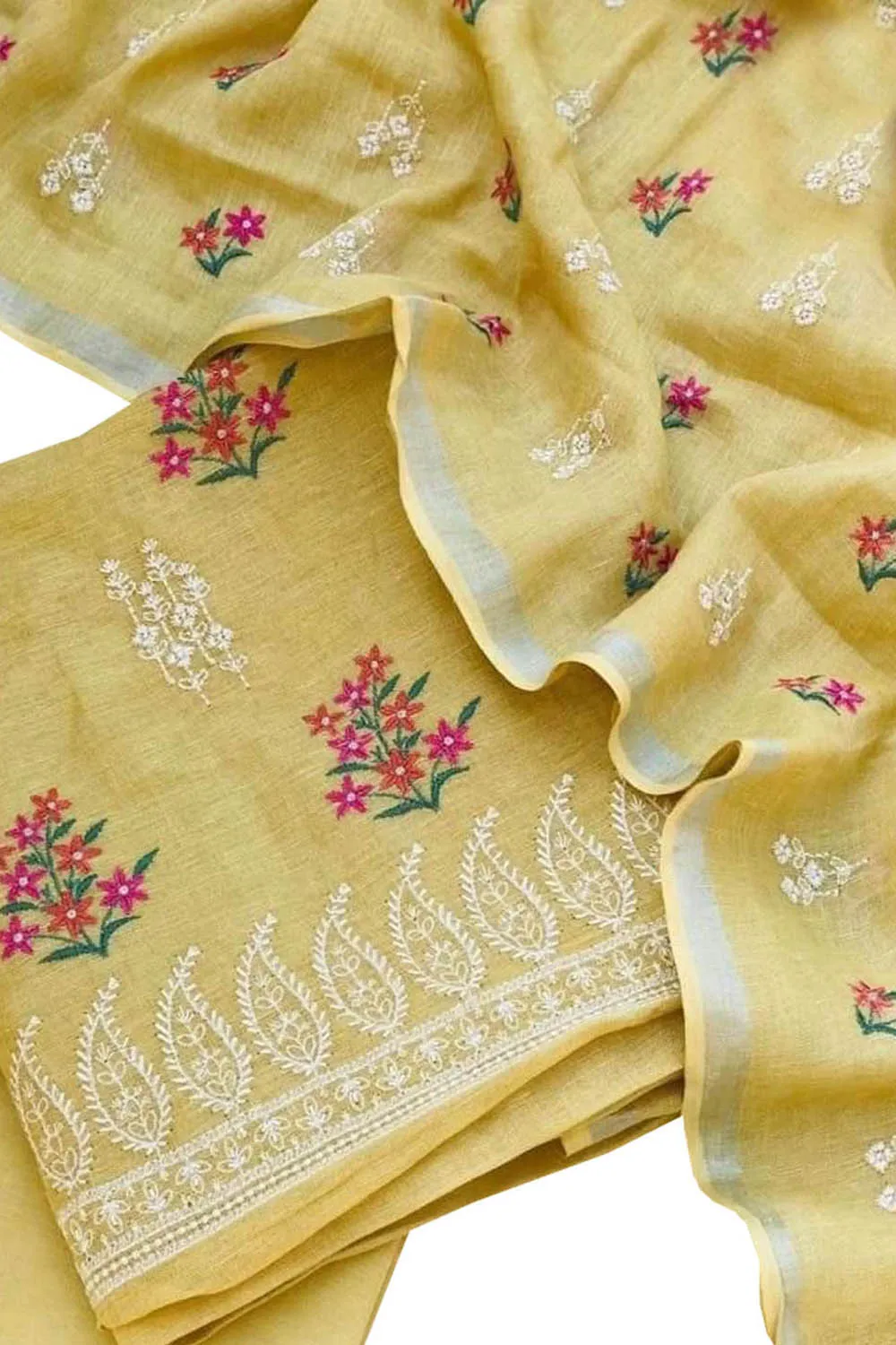Stunning Yellow Linen Bhagalpur Embroidered Suit - 3 Piece Unstitched Set