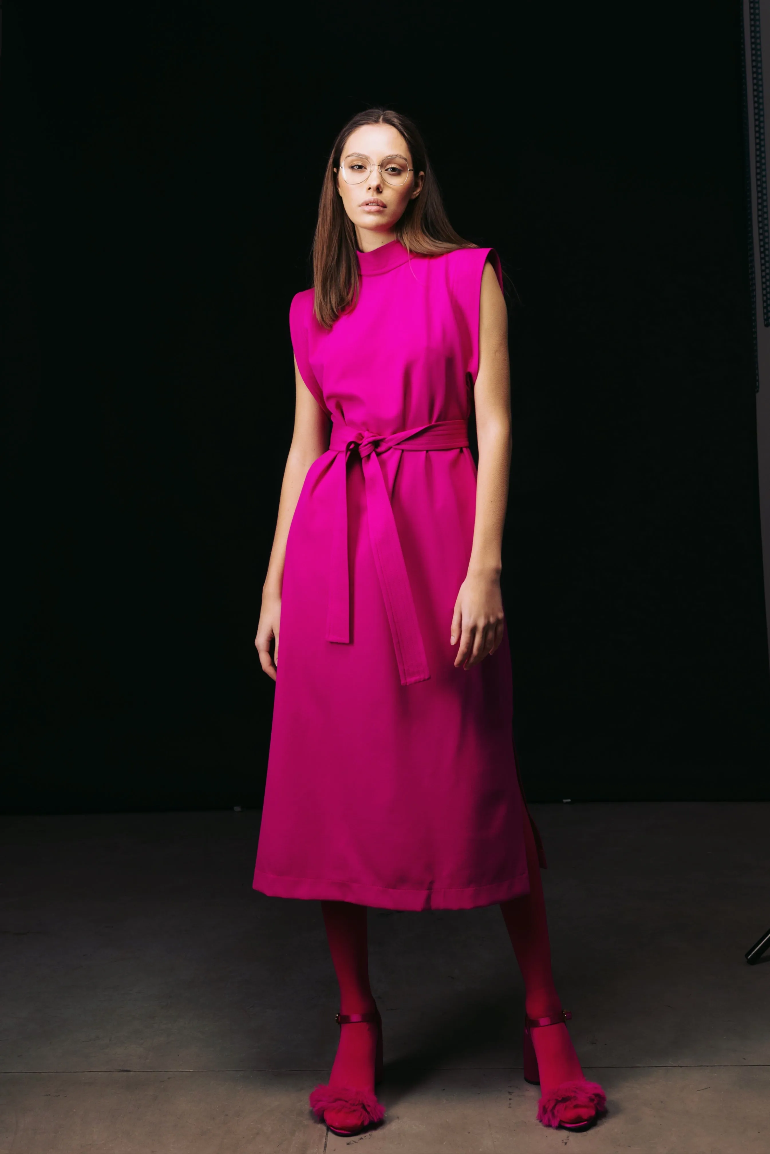 Stylish Straight Dress With Belt Pink