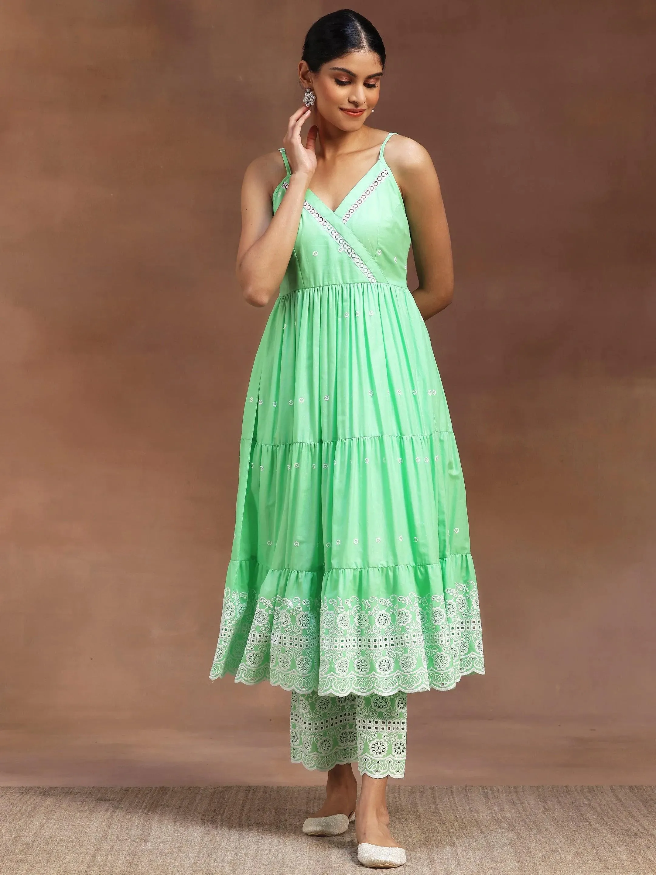The Kiara Cut Green Self Design Cotton Anarkali Kurta With Trousers