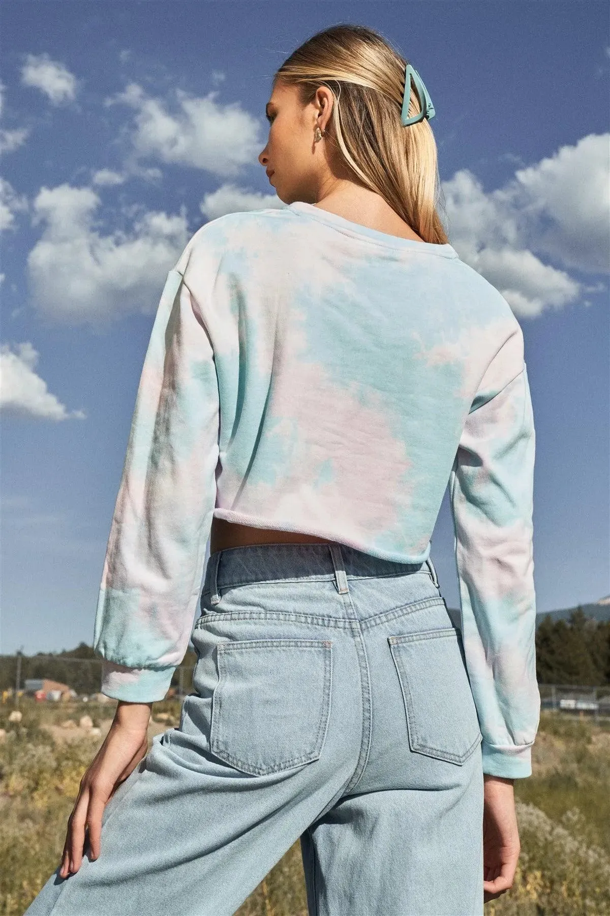 Up In The Clouds Blue Multicolor Tie-Dye Long Sleeve Crop Sweatshirt /1-2-1