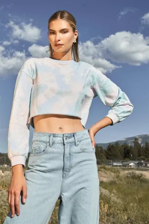Up In The Clouds Blue Multicolor Tie-Dye Long Sleeve Crop Sweatshirt /1-2-1