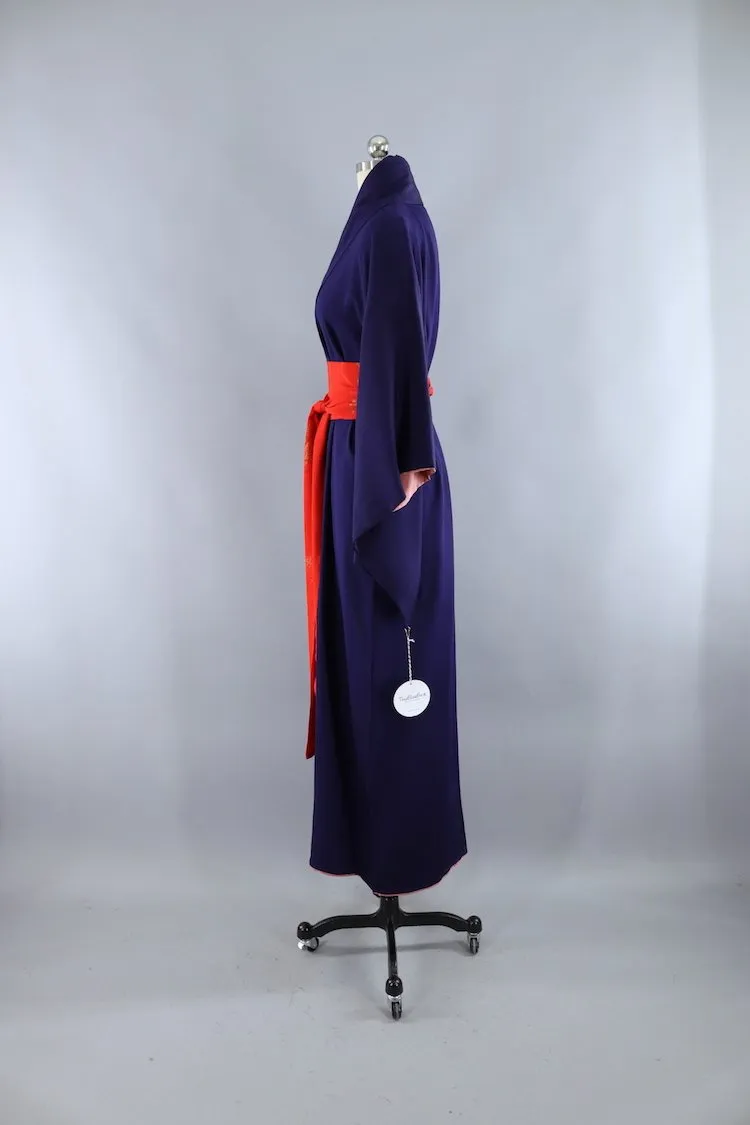 Vintage 1940s Silk Kimono Robe / Navy Blue