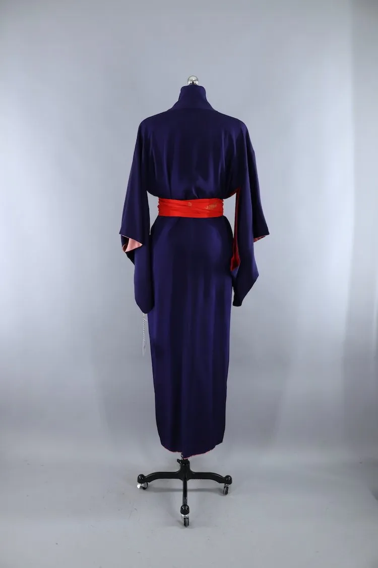 Vintage 1940s Silk Kimono Robe / Navy Blue