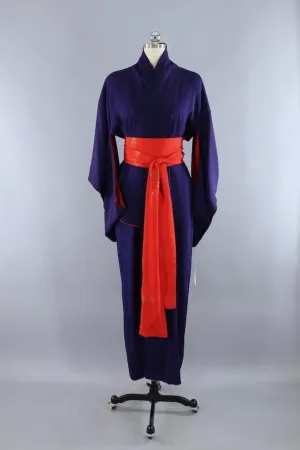Vintage 1940s Silk Kimono Robe / Navy Blue