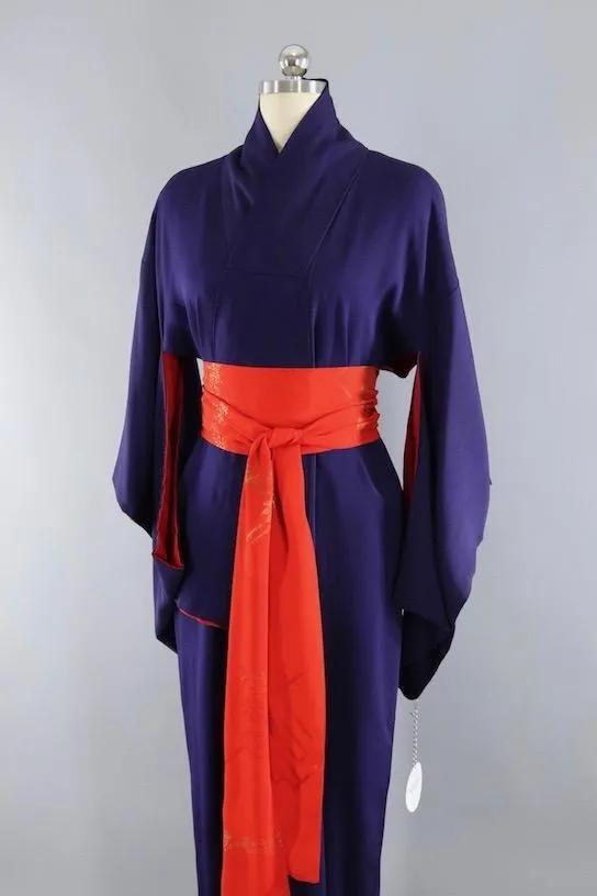 Vintage 1940s Silk Kimono Robe / Navy Blue
