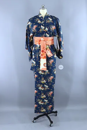 Vintage Blue Books Silk Kimono Robe