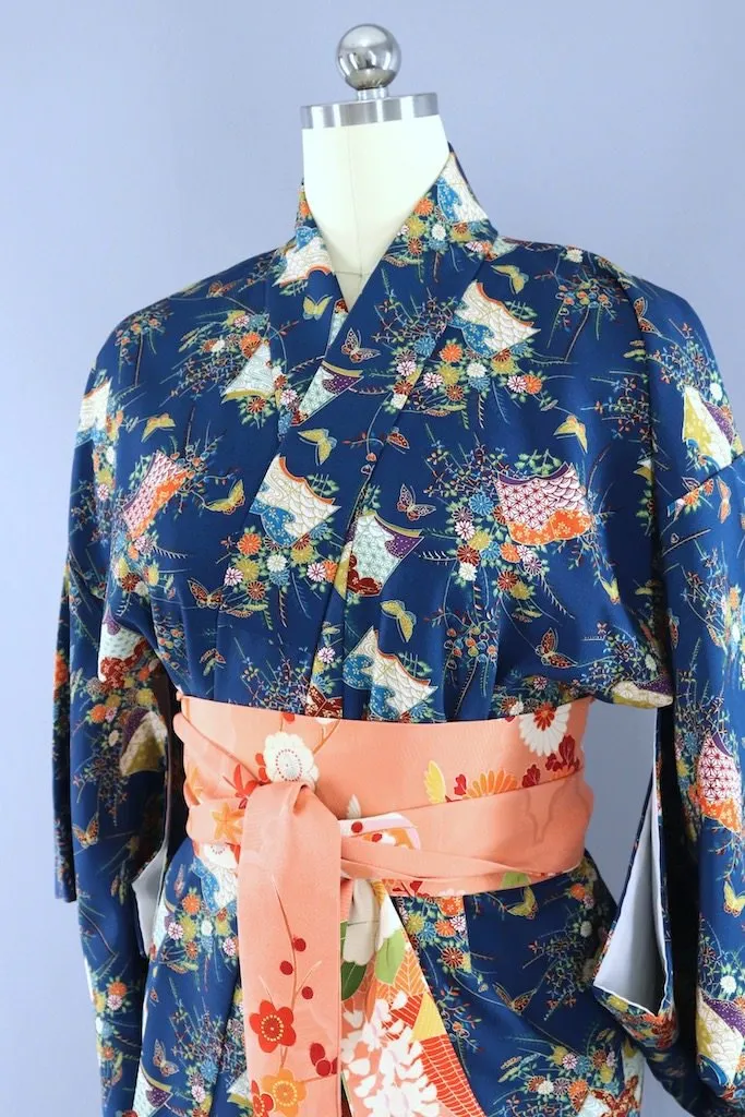 Vintage Blue Books Silk Kimono Robe
