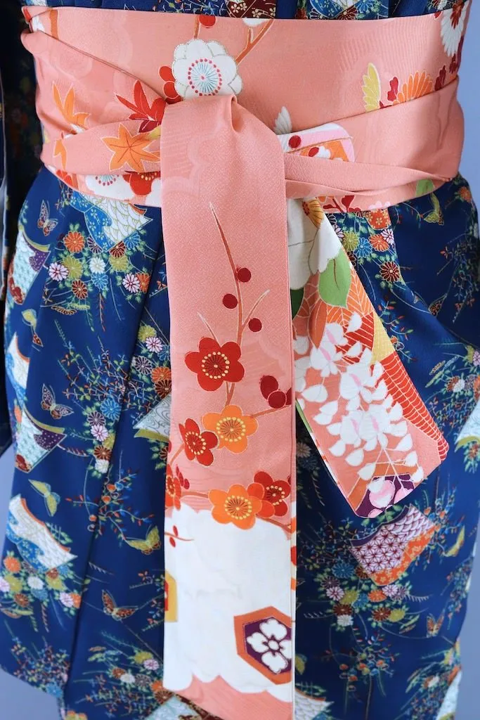 Vintage Blue Books Silk Kimono Robe