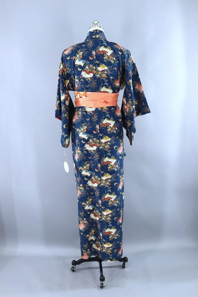 Vintage Blue Books Silk Kimono Robe