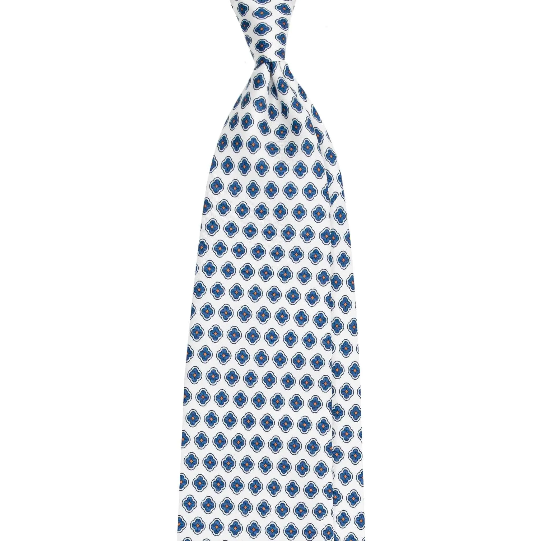 White Silk Tie with Small Blue Medallions