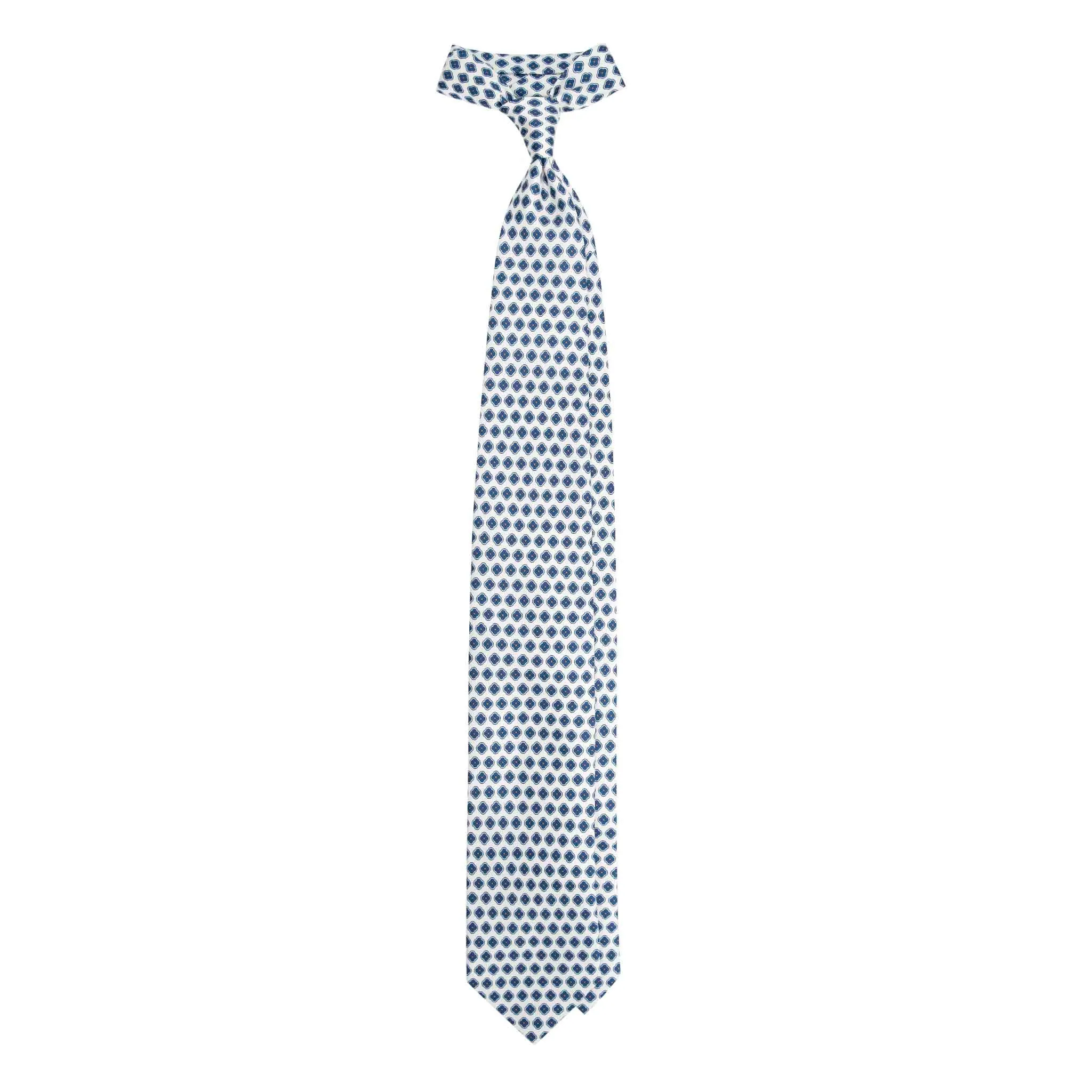 White Silk Tie with Small Blue Medallions
