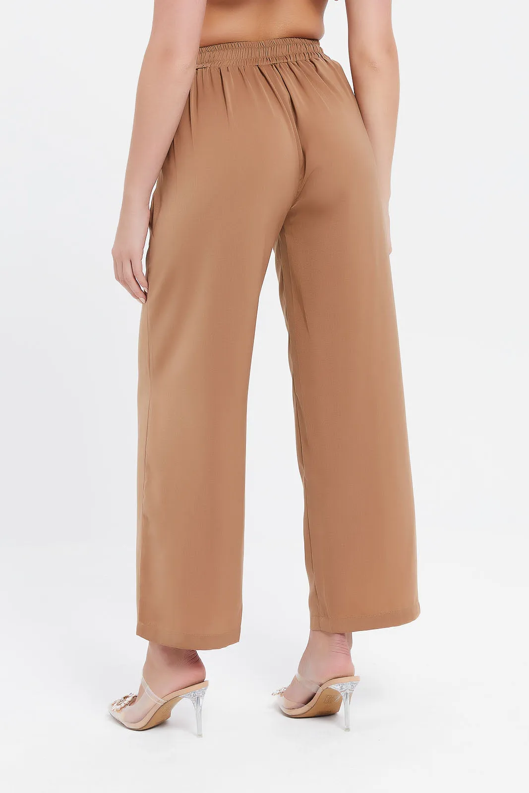 Women Beige Plain Wide Leg Pants