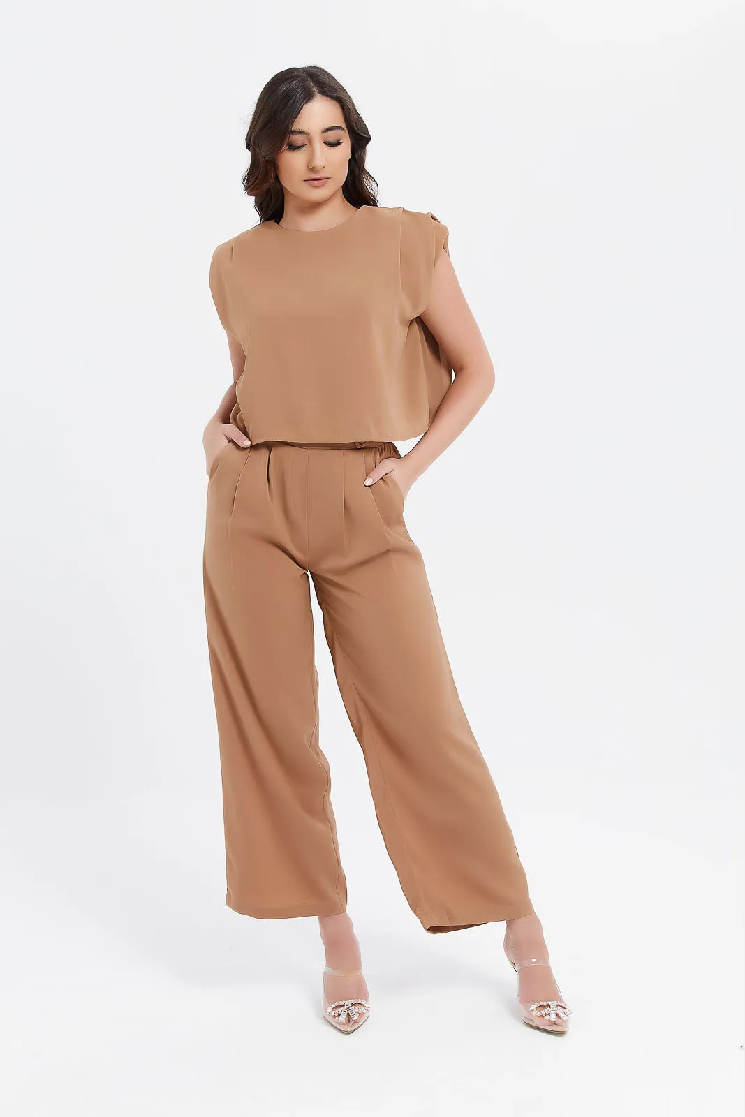 Women Beige Plain Wide Leg Pants