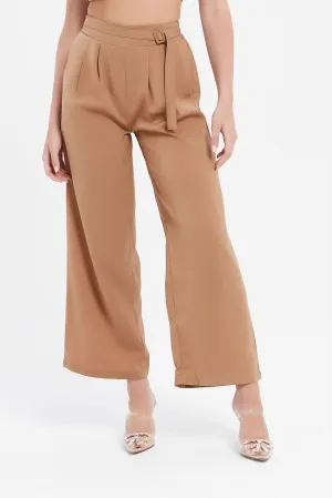 Women Beige Plain Wide Leg Pants