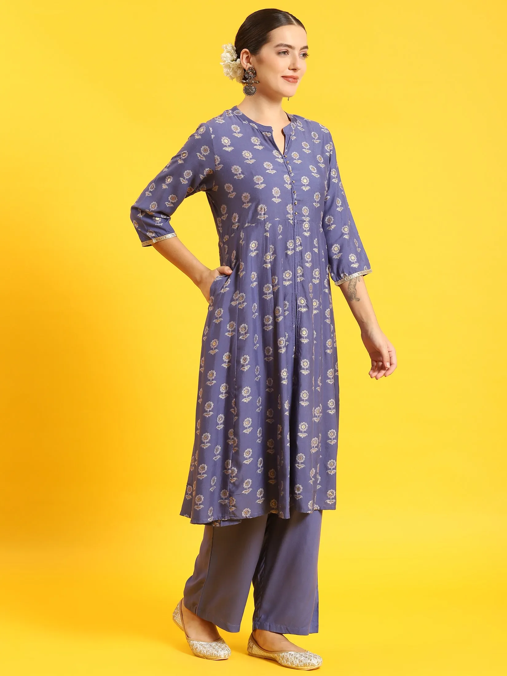 Women Blue Floral Print Kurta Comfort Pant Dupatta