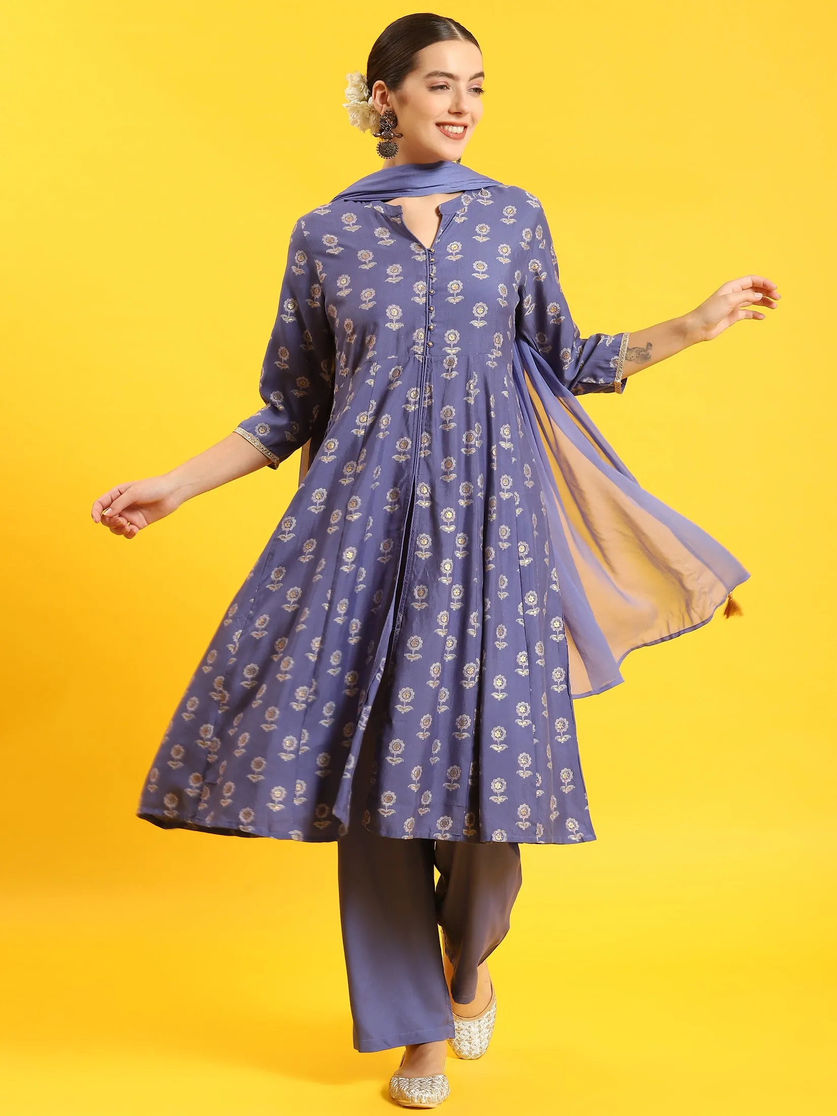 Women Blue Floral Print Kurta Comfort Pant Dupatta