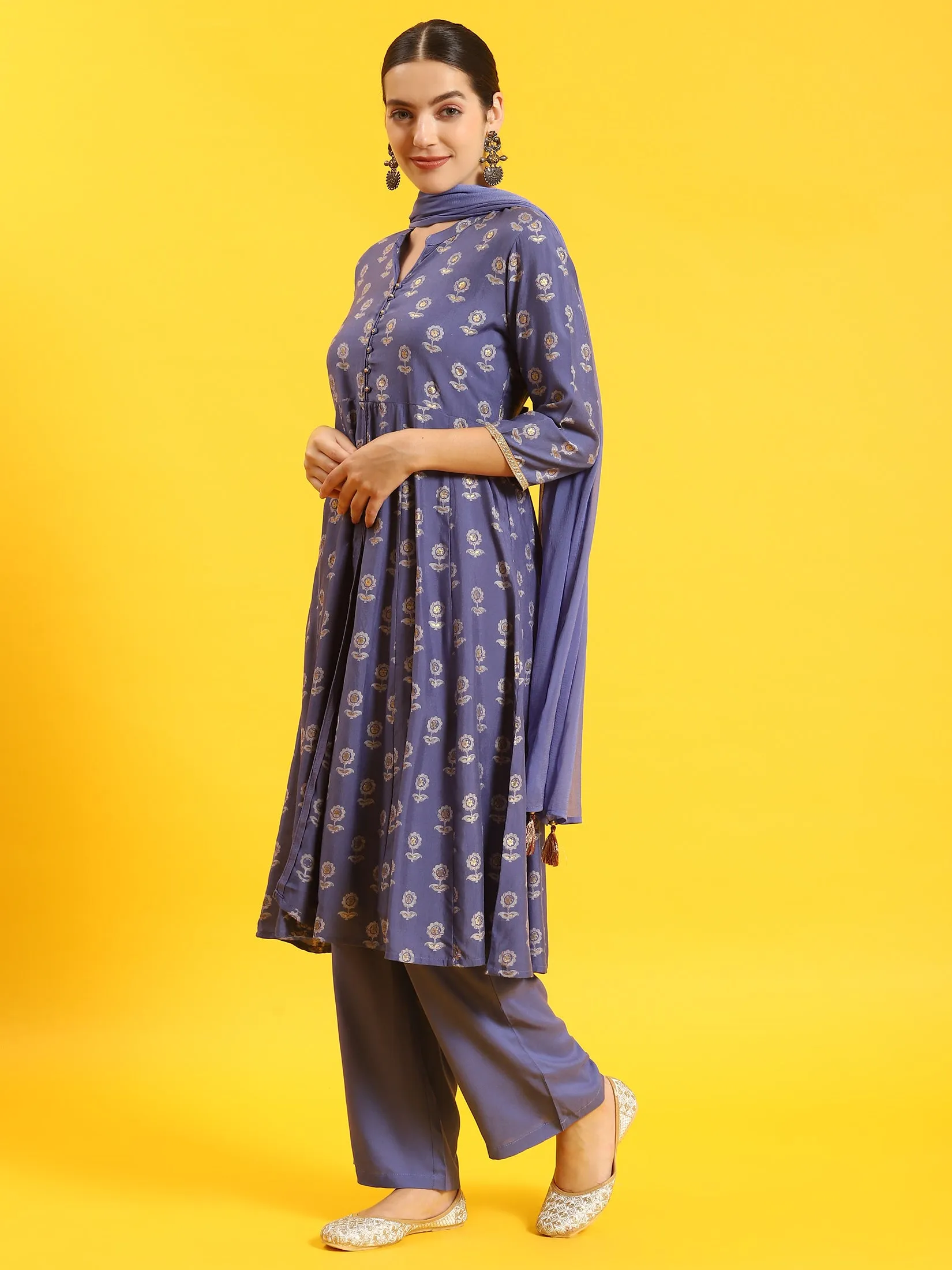Women Blue Floral Print Kurta Comfort Pant Dupatta