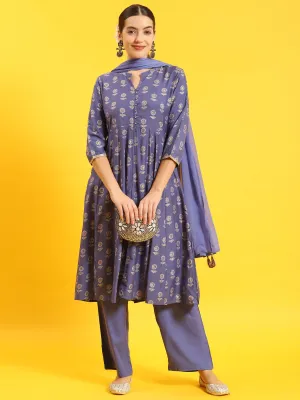 Women Blue Floral Print Kurta Comfort Pant Dupatta