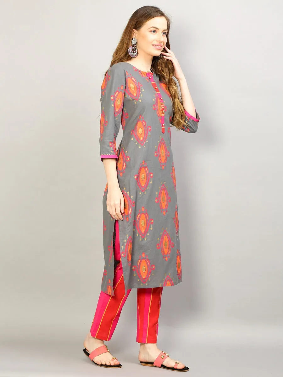 Women Grey Geometric Printed Kurta Trouser
