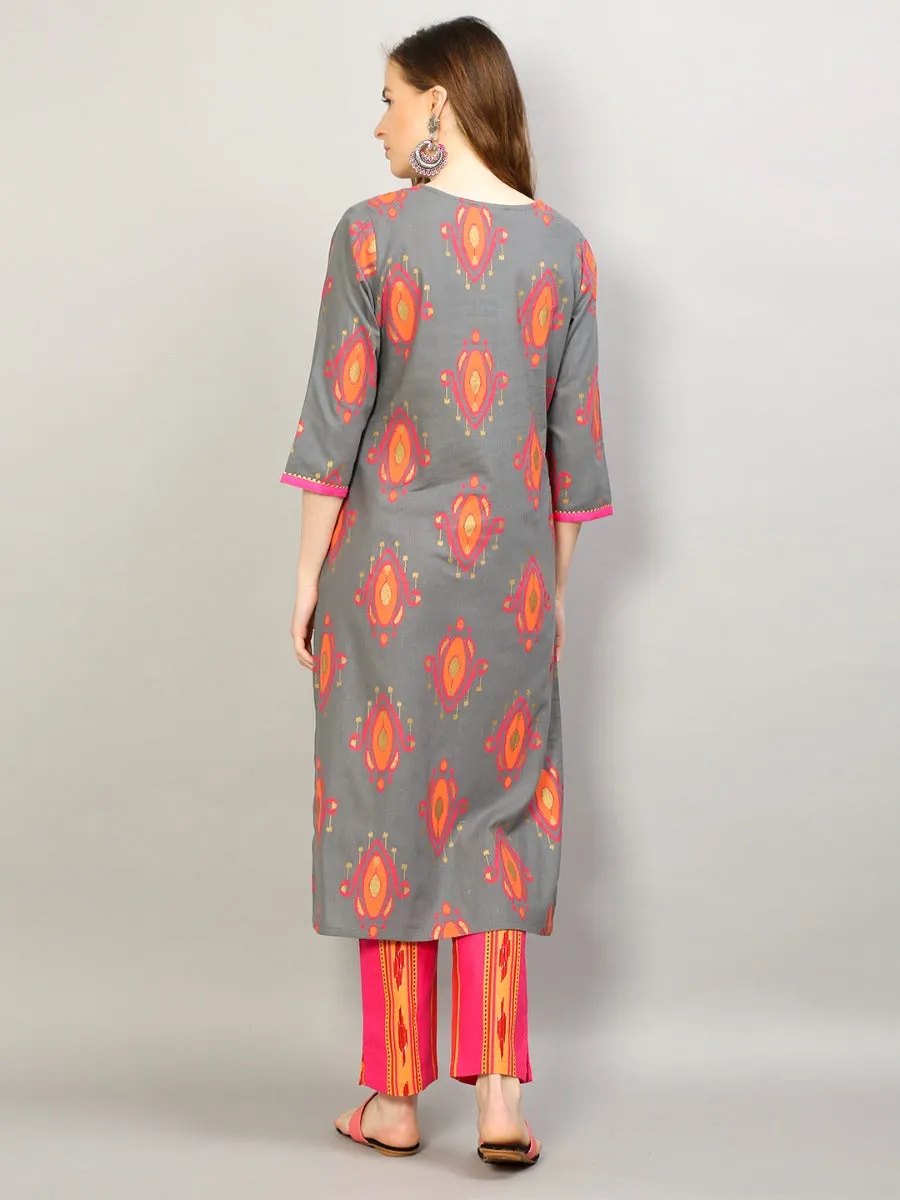 Women Grey Geometric Printed Kurta Trouser