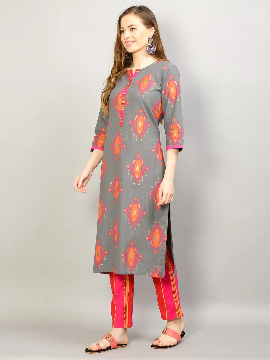 Women Grey Geometric Printed Kurta Trouser