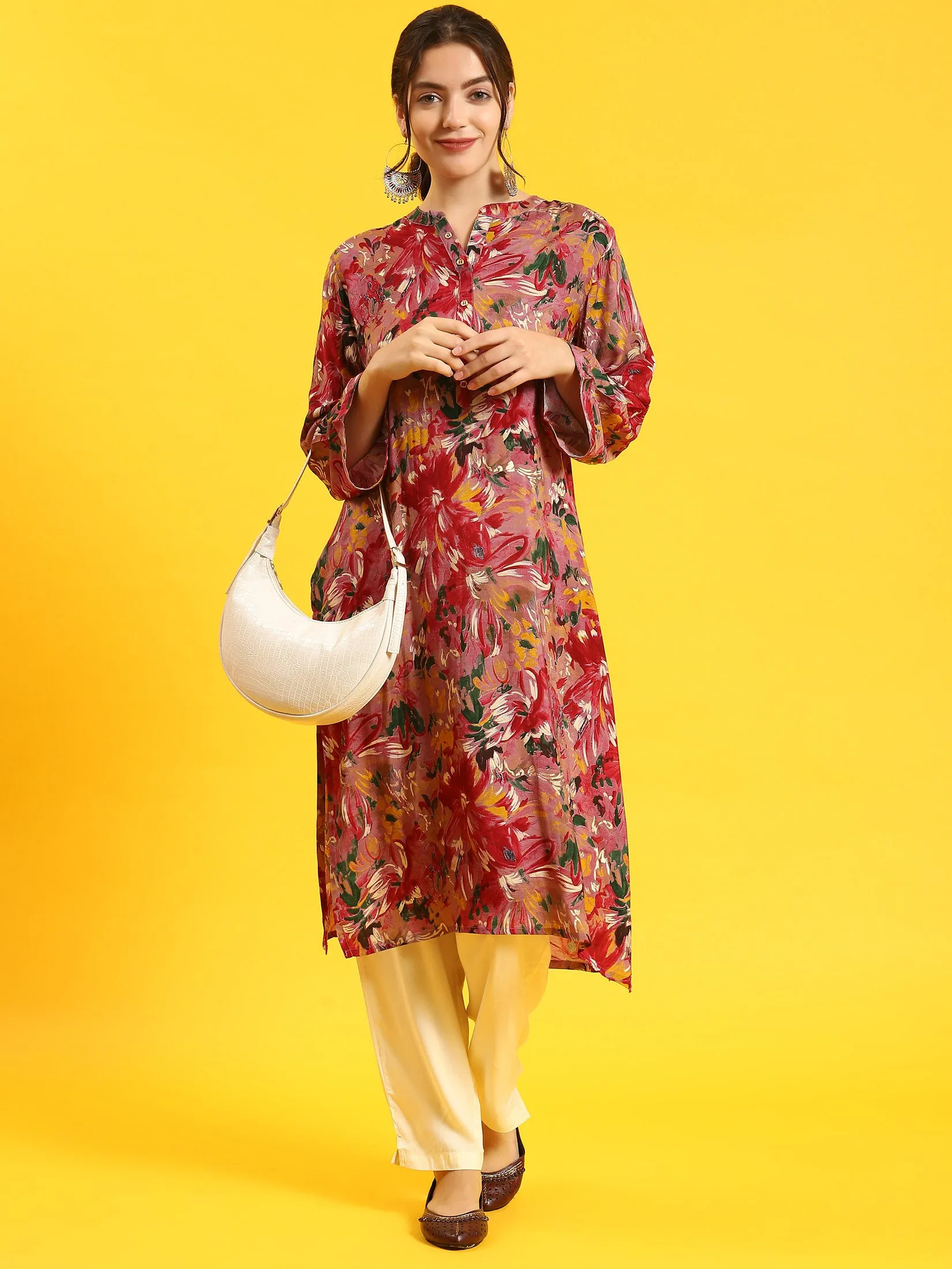 Women Maroon Floral Print Kurta