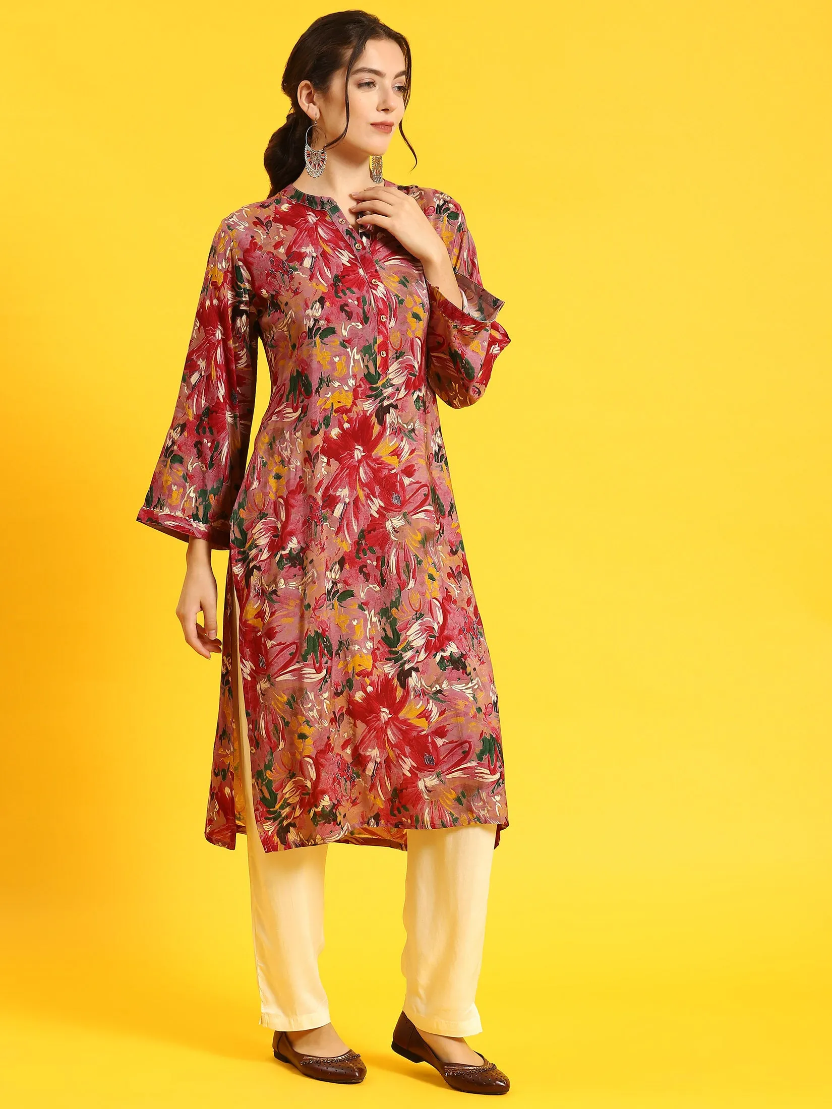 Women Maroon Floral Print Kurta