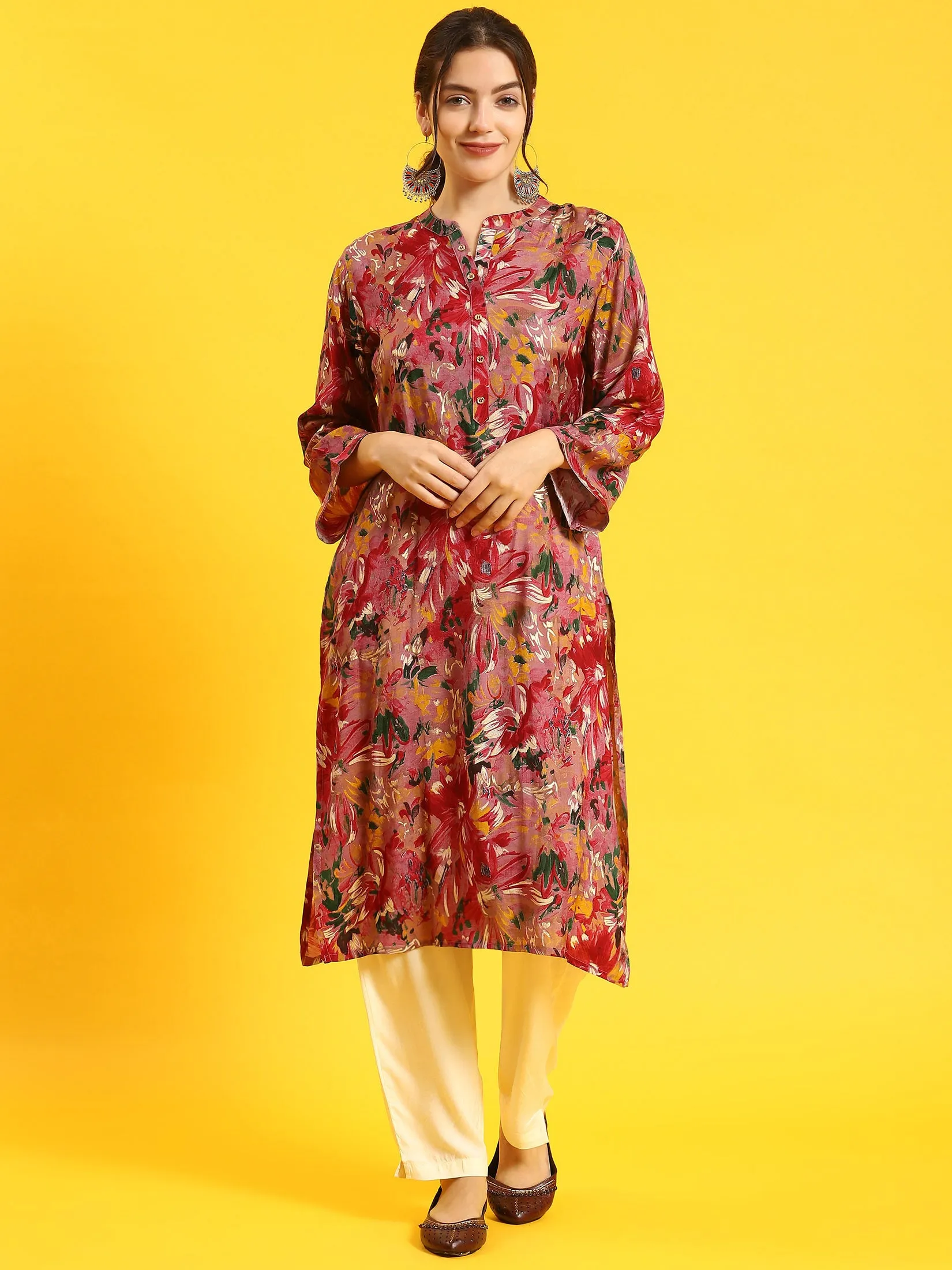 Women Maroon Floral Print Kurta