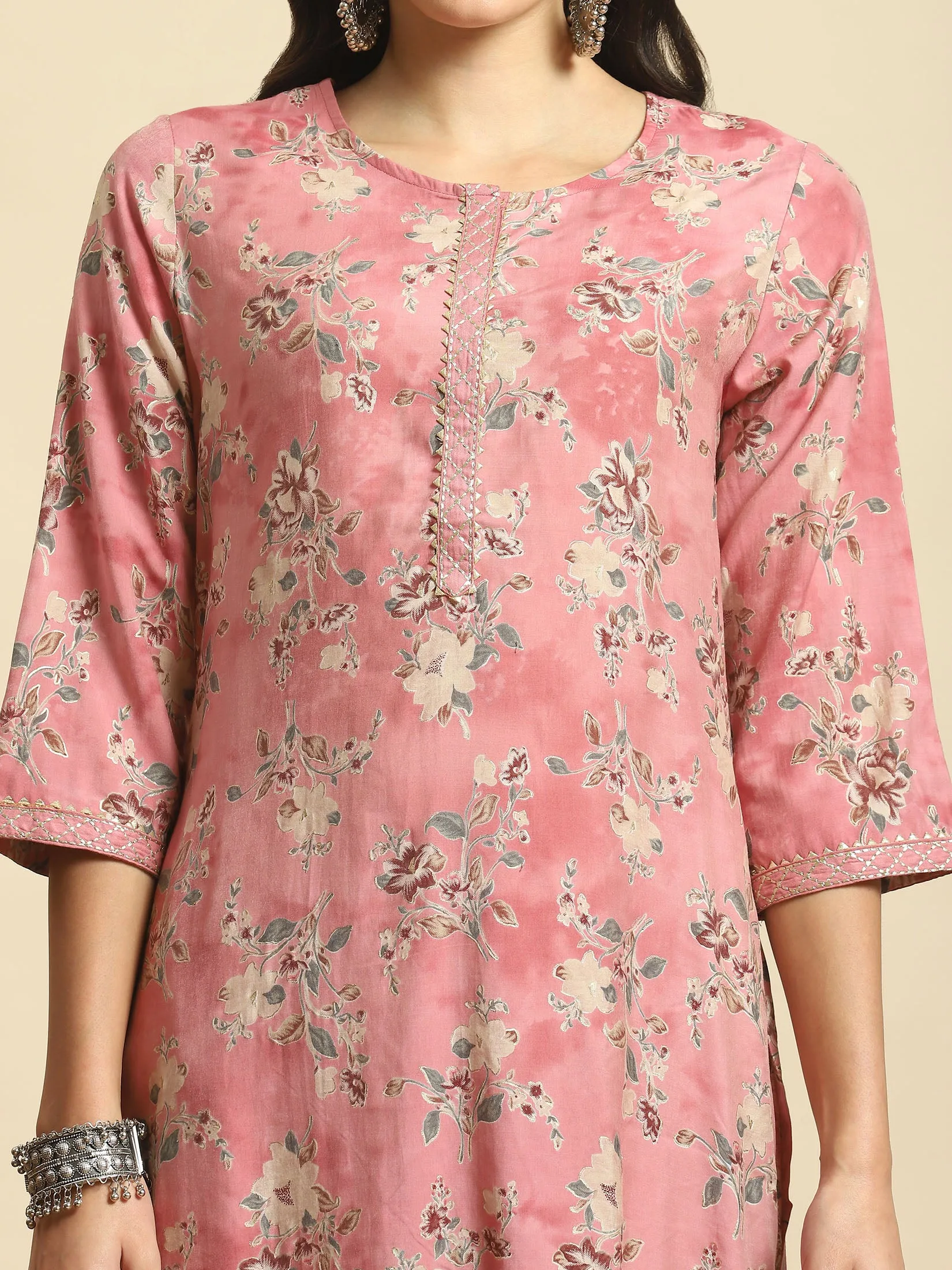 Women Pink Floral Kurta Comfort Pant Dupatta