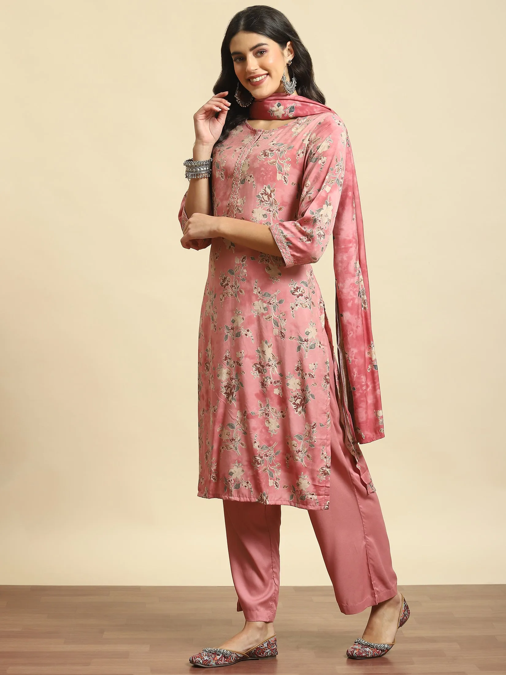 Women Pink Floral Kurta Comfort Pant Dupatta