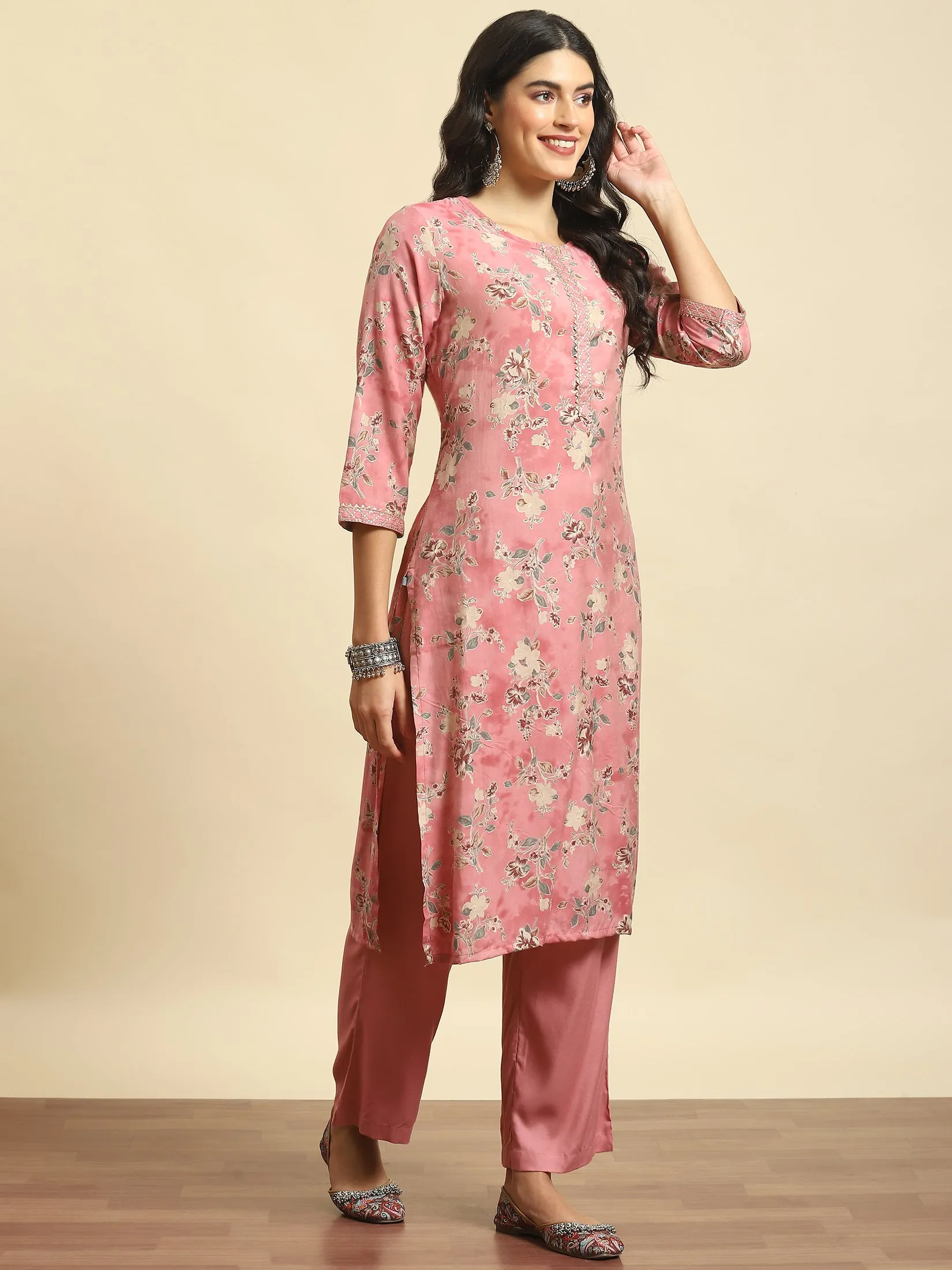 Women Pink Floral Kurta Comfort Pant Dupatta