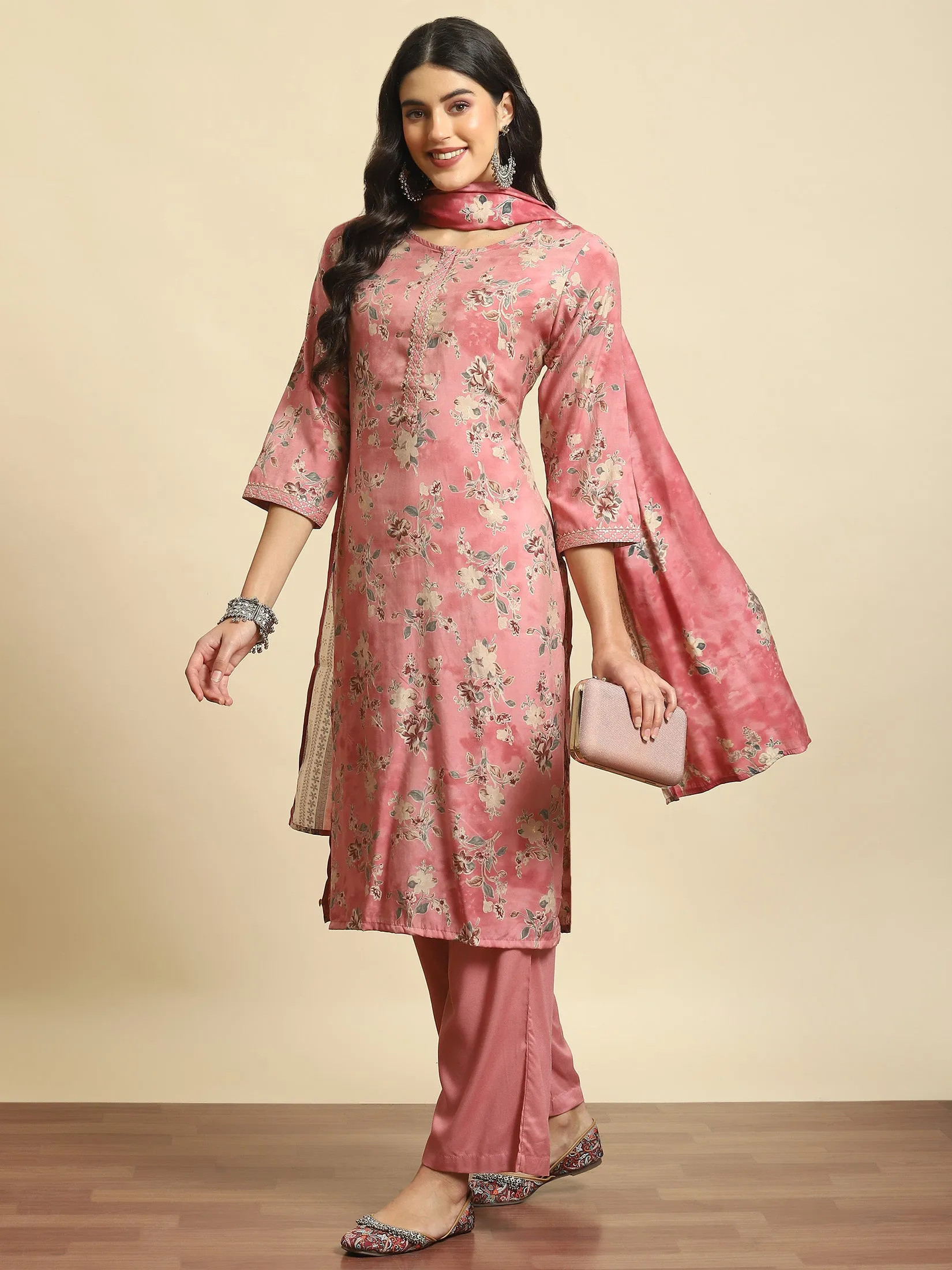 Women Pink Floral Kurta Comfort Pant Dupatta