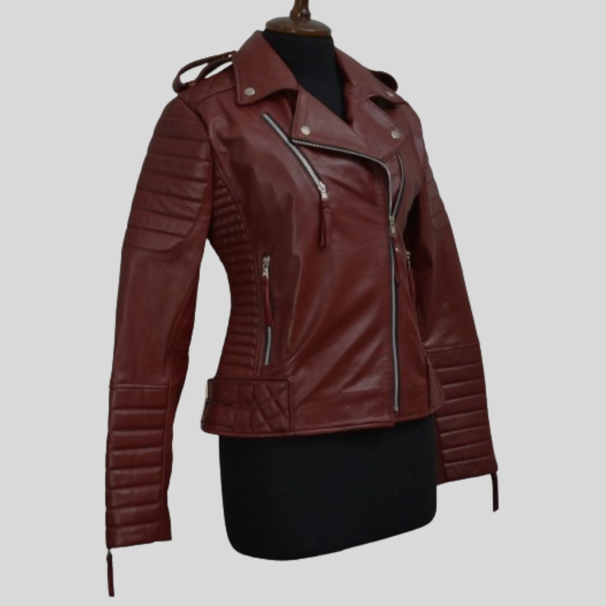 Women's Maroon Motorcycle Genuine Lambskin Leather Biker Jacket
