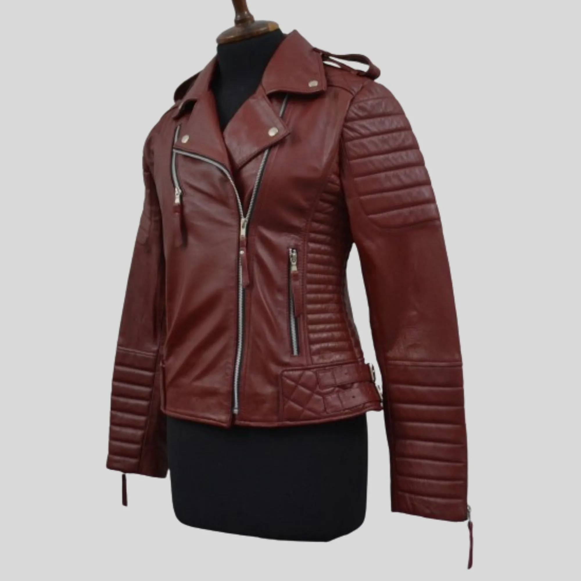 Women's Maroon Motorcycle Genuine Lambskin Leather Biker Jacket