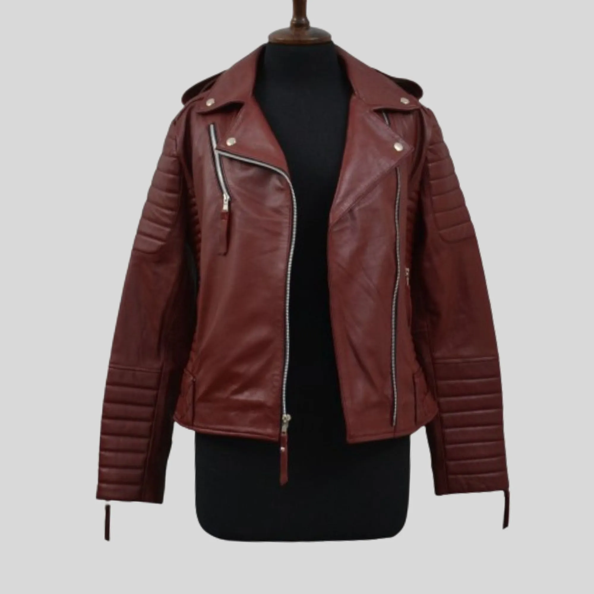 Women's Maroon Motorcycle Genuine Lambskin Leather Biker Jacket