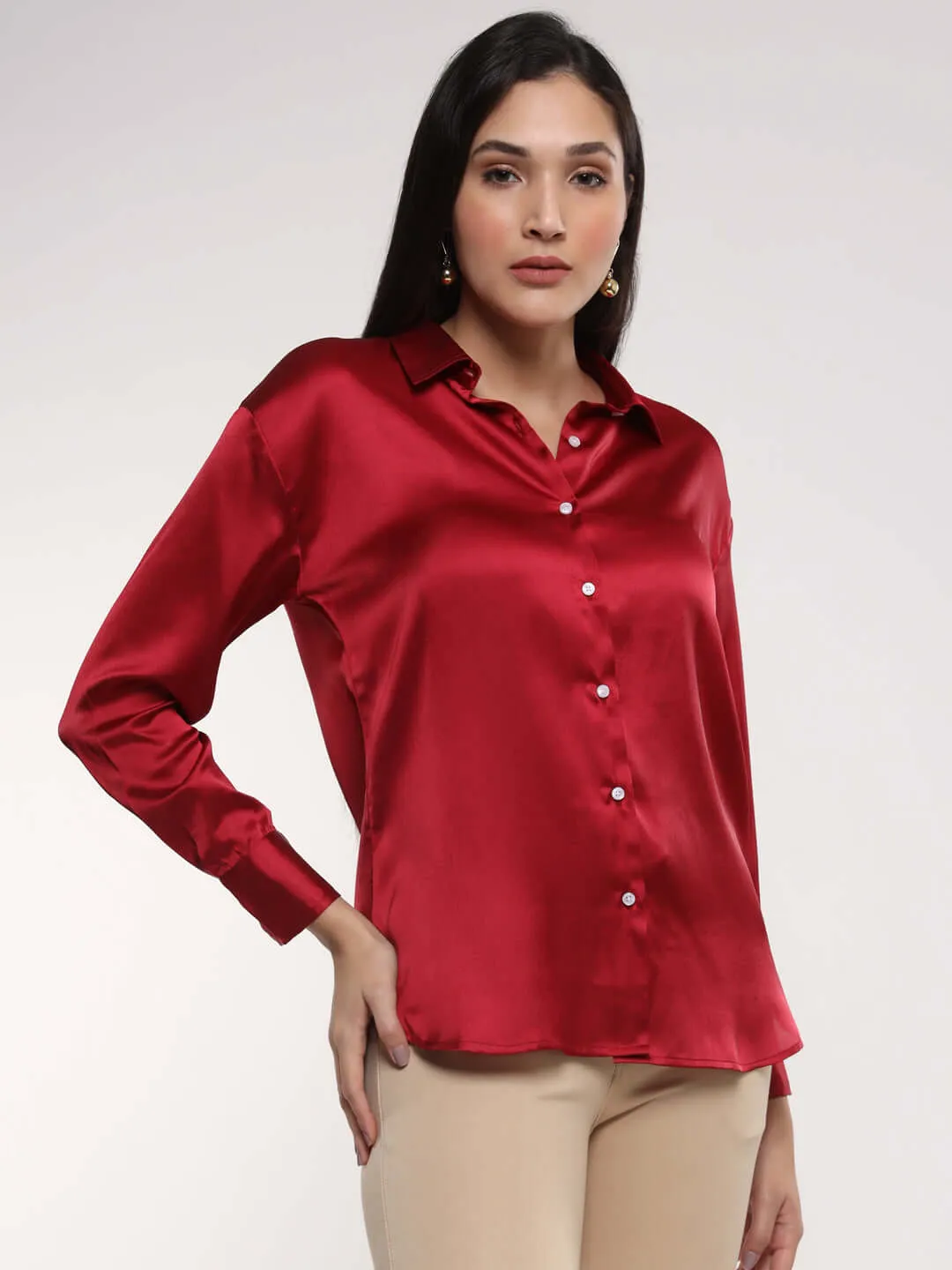 Women'S Premium Maroon Drop Shoulder Oversized Summer Satin Shirt