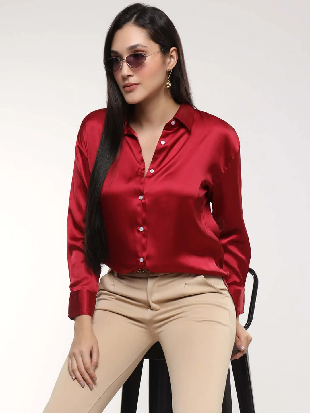 Women'S Premium Maroon Drop Shoulder Oversized Summer Satin Shirt