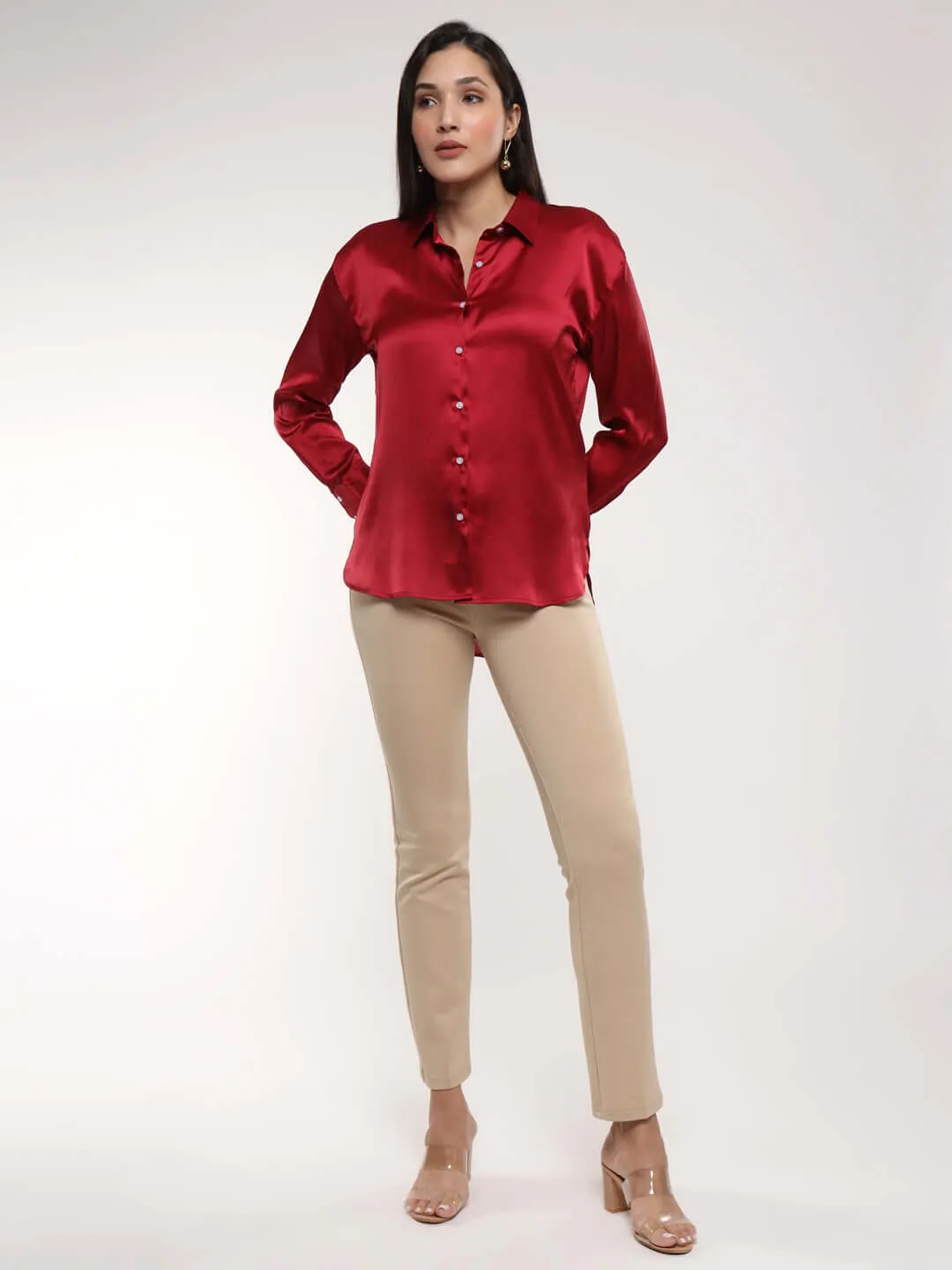 Women'S Premium Maroon Drop Shoulder Oversized Summer Satin Shirt