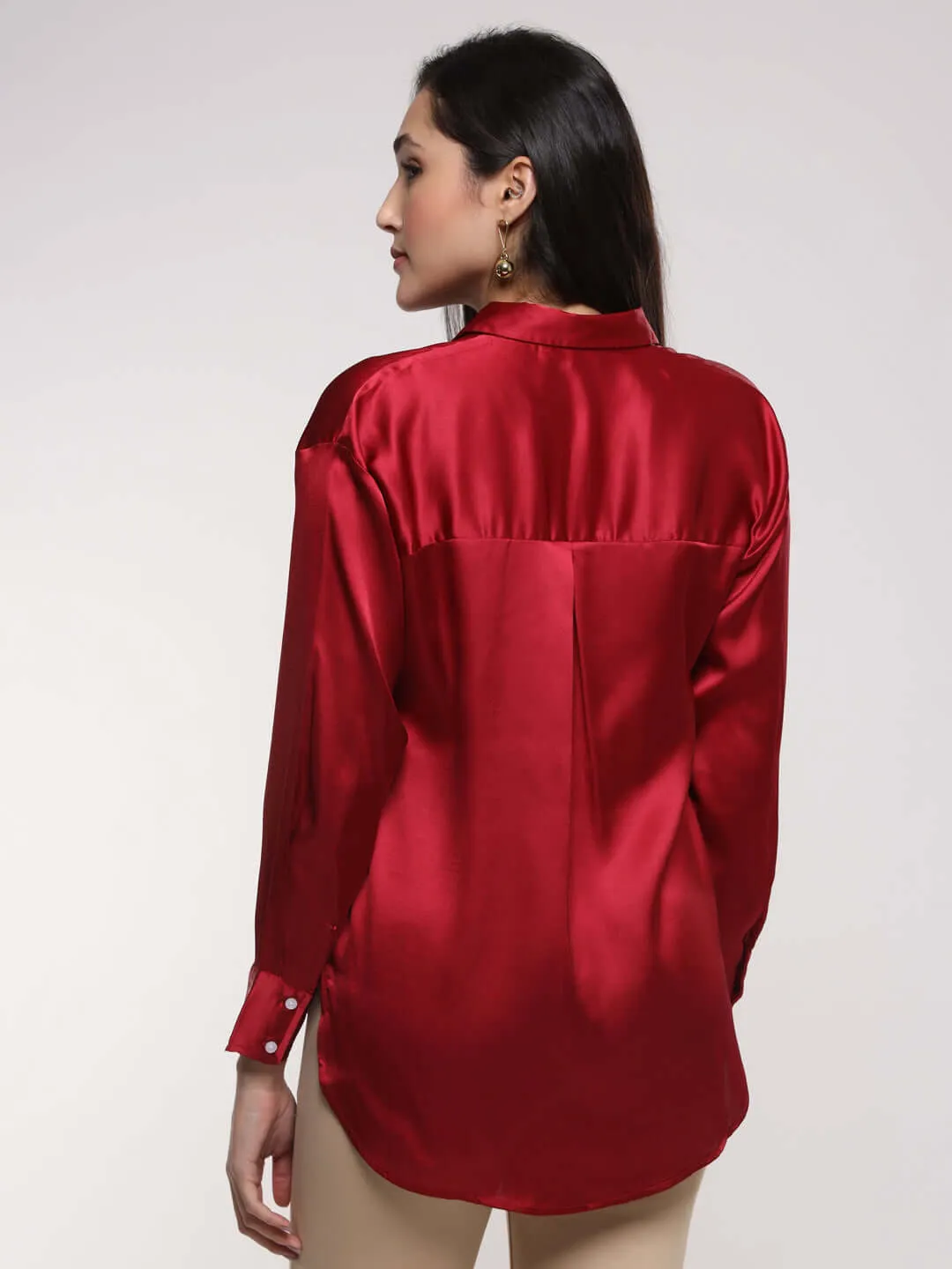 Women'S Premium Maroon Drop Shoulder Oversized Summer Satin Shirt