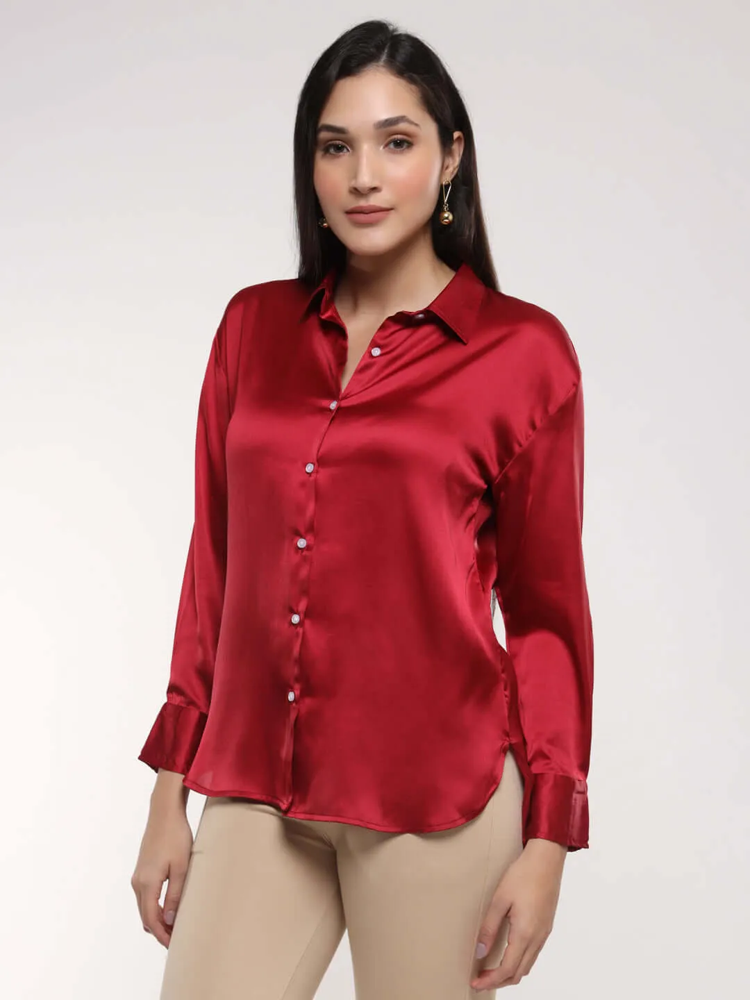 Women'S Premium Maroon Drop Shoulder Oversized Summer Satin Shirt