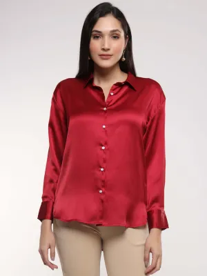 Women'S Premium Maroon Drop Shoulder Oversized Summer Satin Shirt