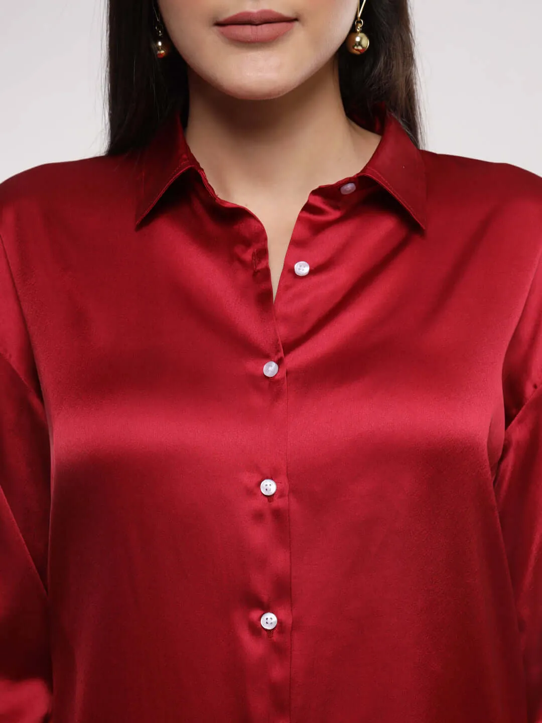 Women'S Premium Maroon Drop Shoulder Oversized Summer Satin Shirt