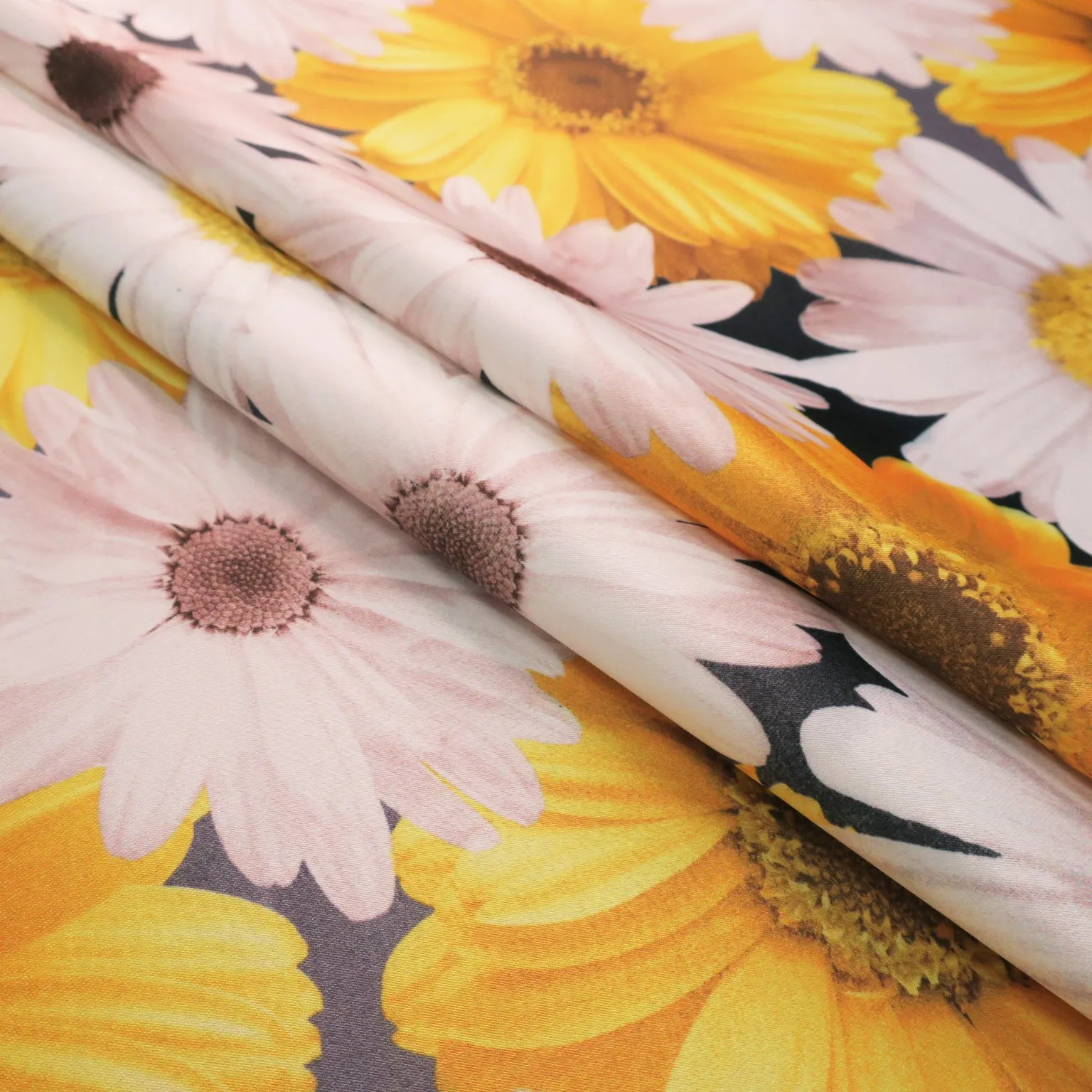 Yellow and White Floral on Black Printed Polyester Mikado Fabric