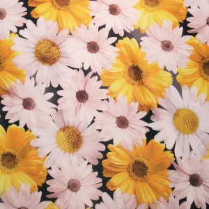 Yellow and White Floral on Black Printed Polyester Mikado Fabric