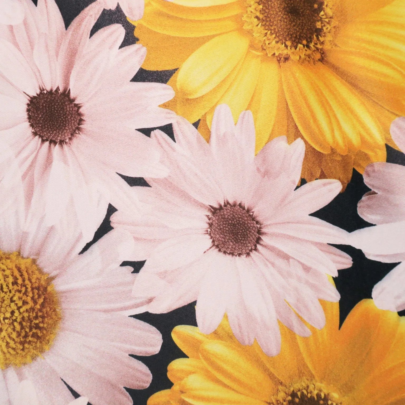 Yellow and White Floral on Black Printed Polyester Mikado Fabric