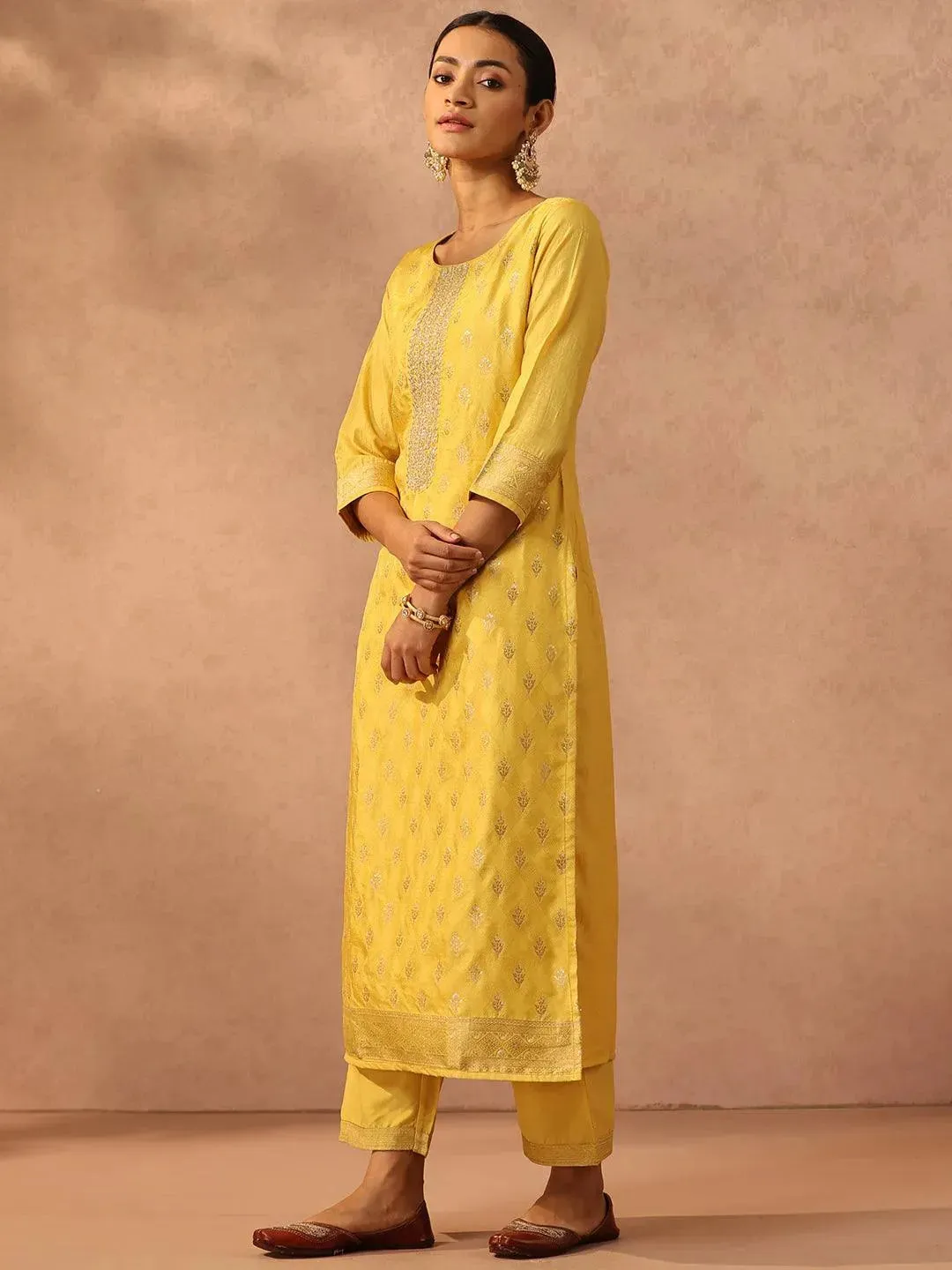 Yellow Embroidered Silk Blend Straight Kurta With Trousers & Dupatta